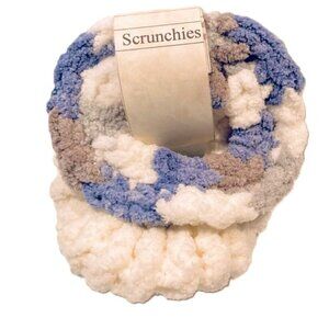 Fuzzy Chenille Scrunchies Camo Blue Gray White and Ivory Cream Handmade NEW